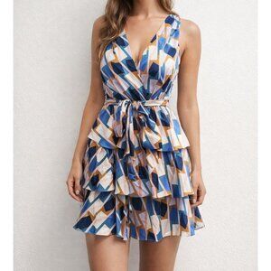 New Edit by Nine - S, M,‎ L Women’s Geometric Mini Dress V-Neck/bk Tiered Ruffle